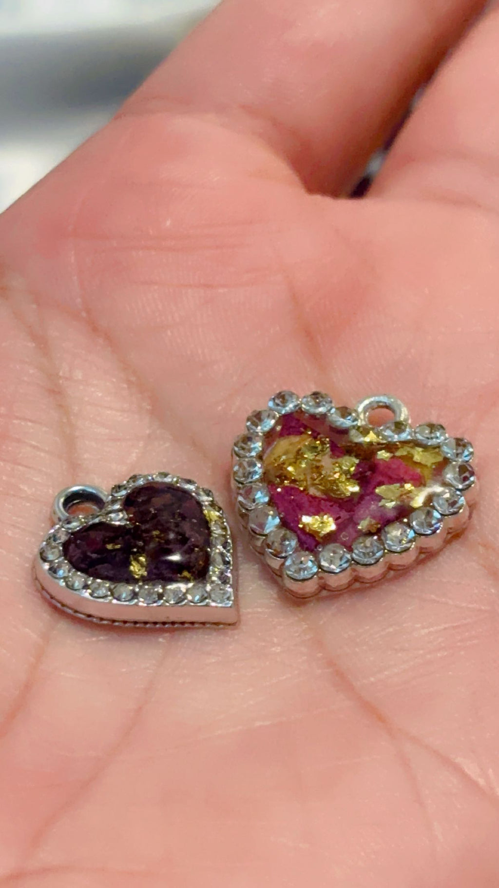 Real Rose Petal Heart Charm | Flower Preservation Resin Pendant | Rhinestone Heart Bracelet charm | jewelry