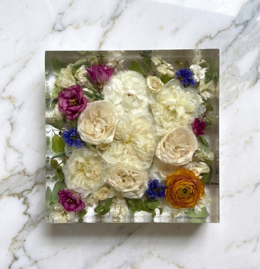Custom Flower Preservation Resin Block – Real Preserved Flowers in Crystal Clear Keepsake for Wedding, Anniversary, Memorial
