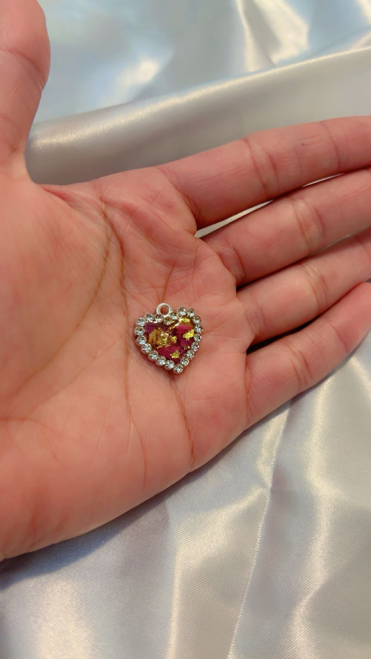 Real Rose Petal Heart Charm | Flower Preservation Resin Pendant | Rhinestone Heart Bracelet charm | jewelry