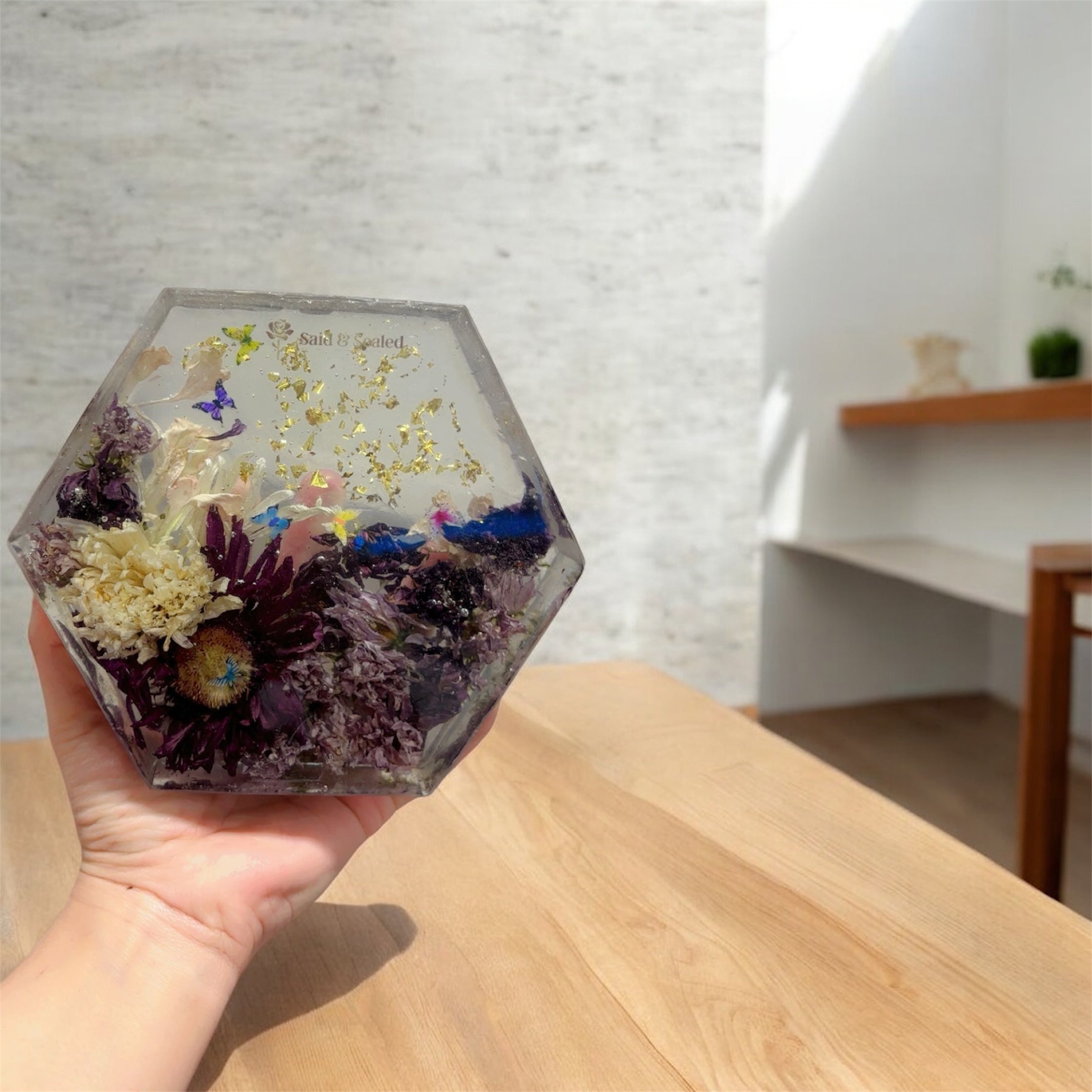 Handmade Hexagon Resin Flower Keepsake – Bouquet Preservation Art