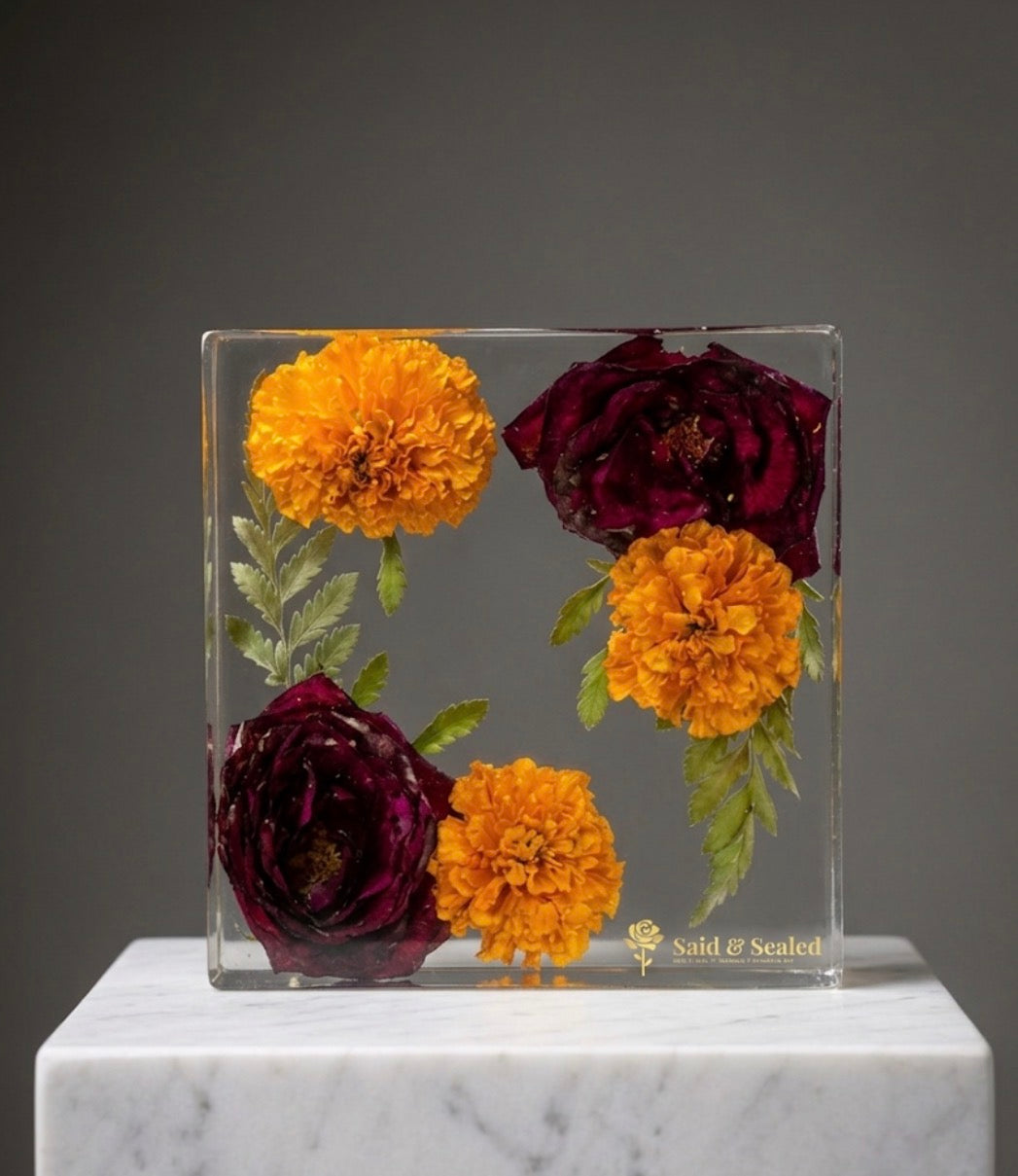 Custom Flower Preservation Resin Block – Real Preserved Flowers in Crystal Clear Keepsake for Wedding, Anniversary, Memorial
