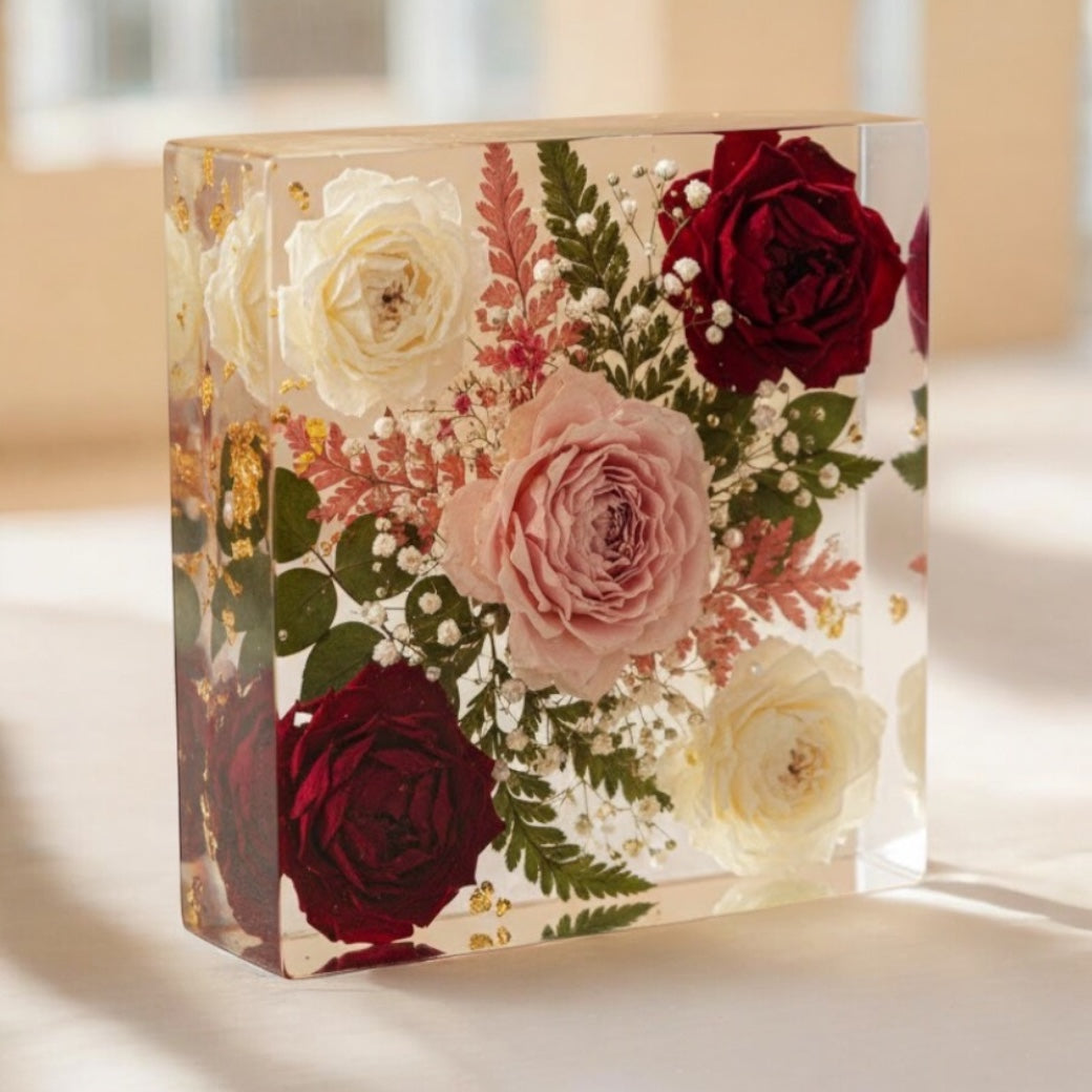 Custom Flower Preservation Resin Block – Real Preserved Flowers in Crystal Clear Keepsake for Wedding, Anniversary, Memorial