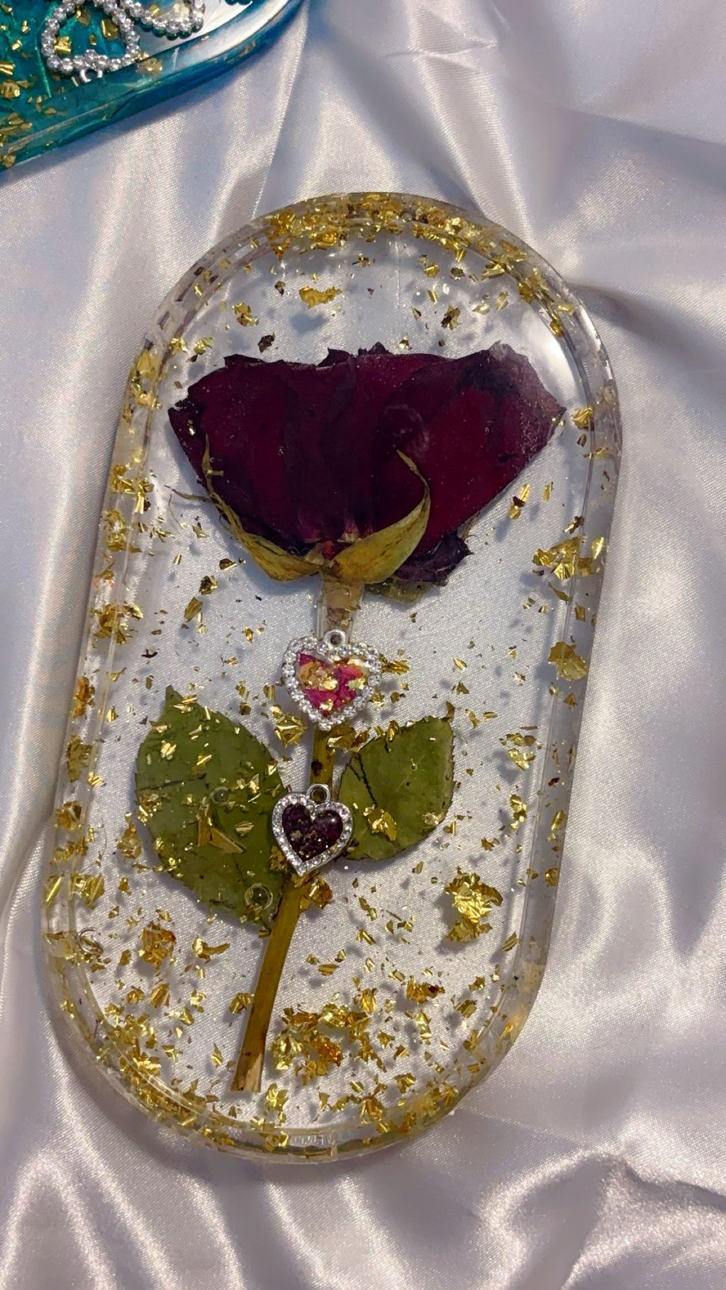 Real Rose Petal Heart Charm | Flower Preservation Resin Pendant | Rhinestone Heart Bracelet charm | jewelry