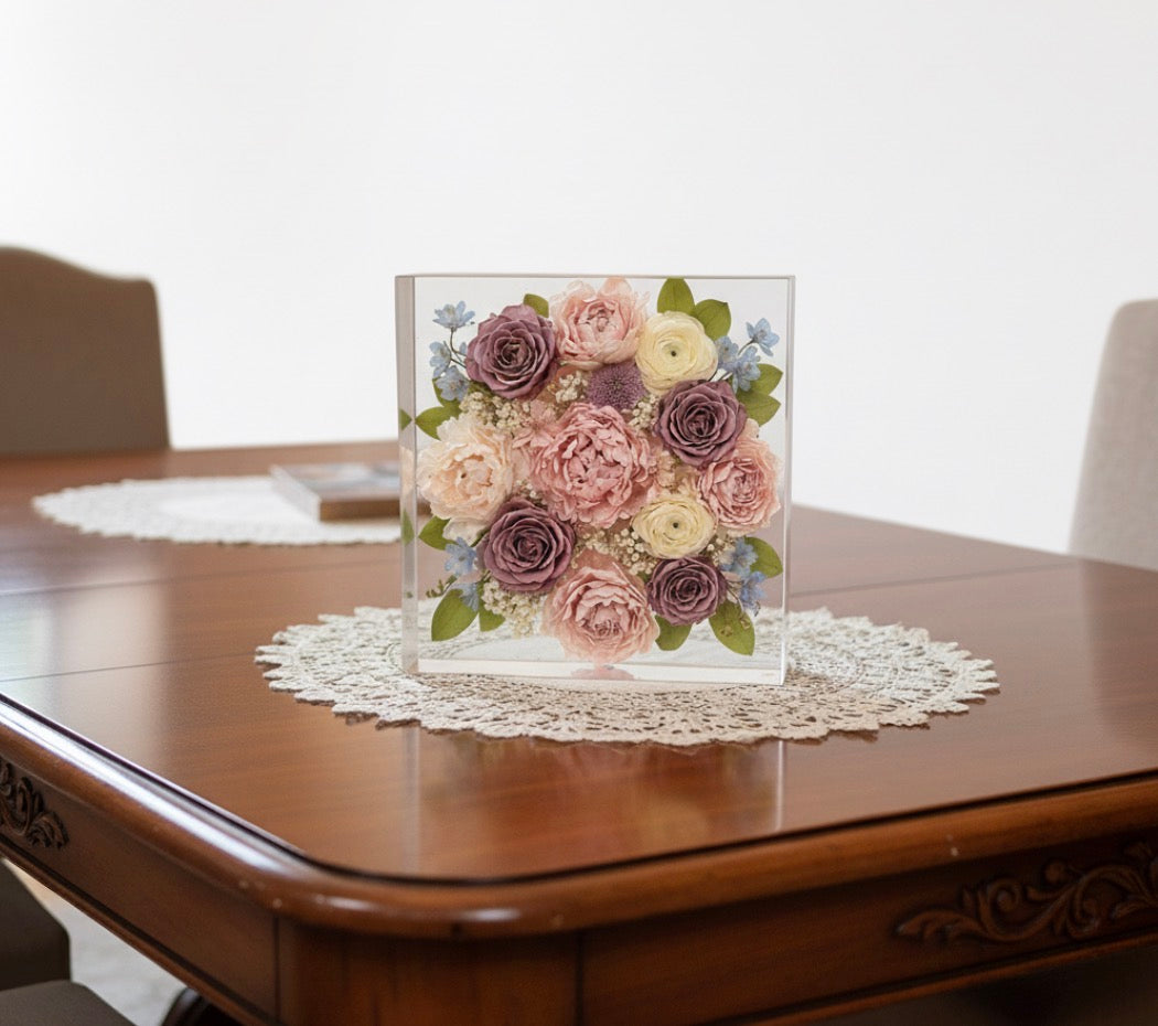 Custom Flower Preservation Resin Block – Real Preserved Flowers in Crystal Clear Keepsake for Wedding, Anniversary, Memorial