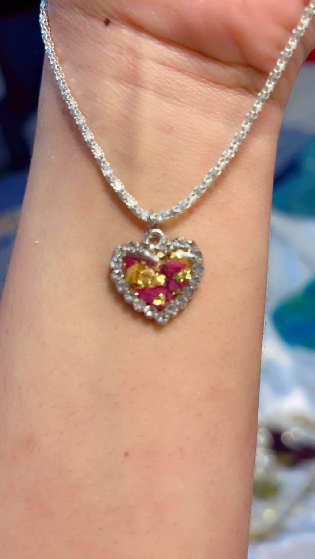Real Rose Petal Heart Charm | Flower Preservation Resin Pendant | Rhinestone Heart Bracelet charm | jewelry