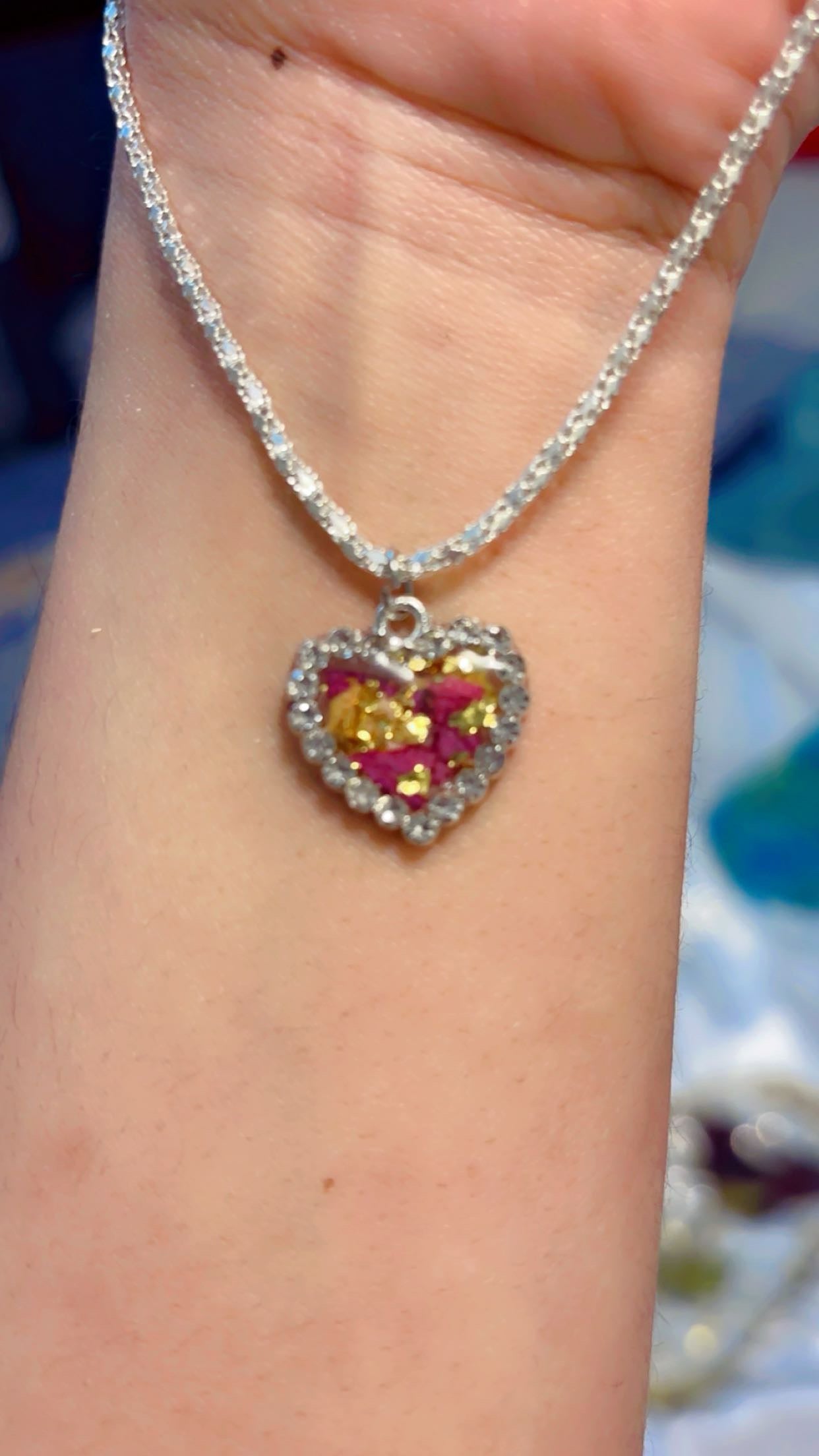 Real Rose Petal Heart Charm | Flower Preservation Resin Pendant | Rhinestone Heart Bracelet charm | jewelry