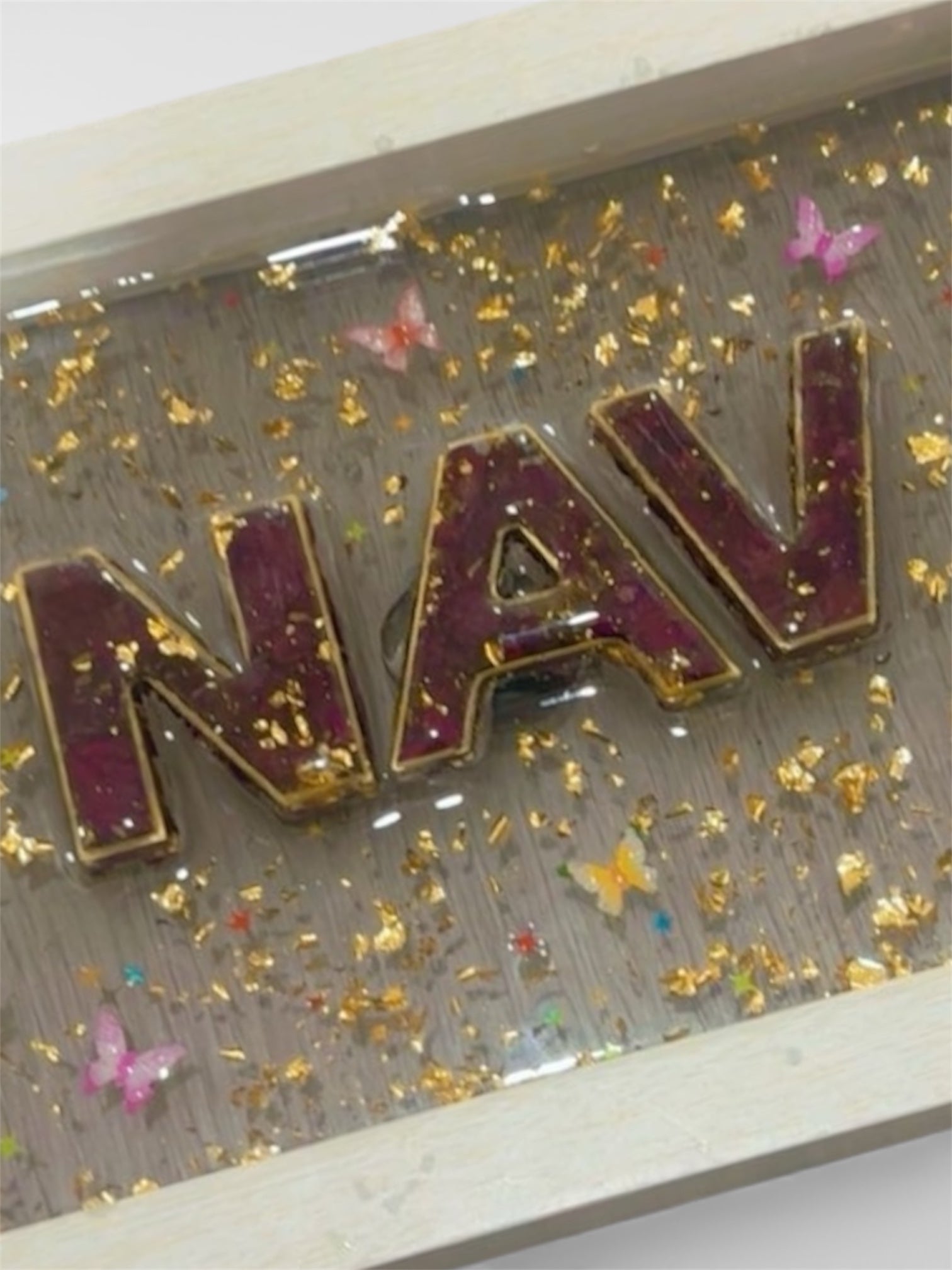 Custom Resin Name Frame with Gold Flakes – Personalized Handmade Name Art for Home Décor & Gifts
