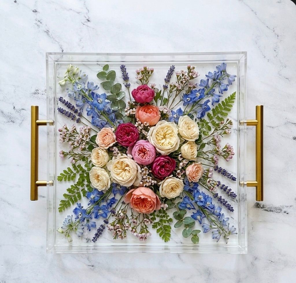 Platinum Home Collection: Bridal Bouquet Preservation Set – Large square Floral Display Tray, 4 Floral Coasters, and Resin Jewelry Tray