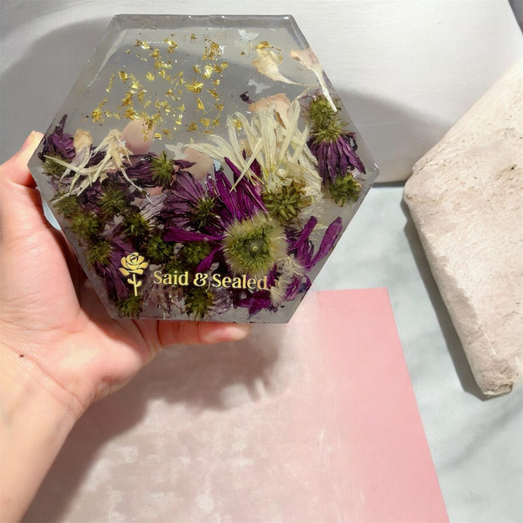 Handmade Hexagon Resin Flower Keepsake – Bouquet Preservation Art