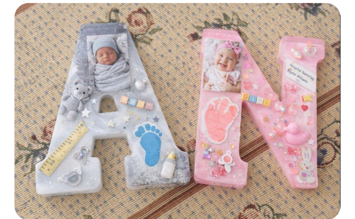 Personalized Resin Baby Name Letter with Birth Details – New Mom Keepsake
