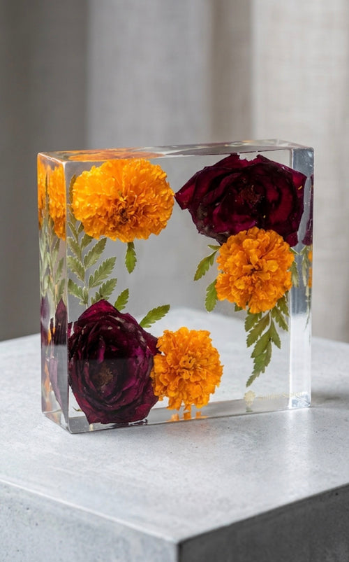 Custom Flower Preservation Resin Block – Real Preserved Flowers in Crystal Clear Keepsake for Wedding, Anniversary, Memorial