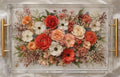 Bridal bouquet preservation in acrylic tray with a custom flower arrangement in resin on a neutral background
