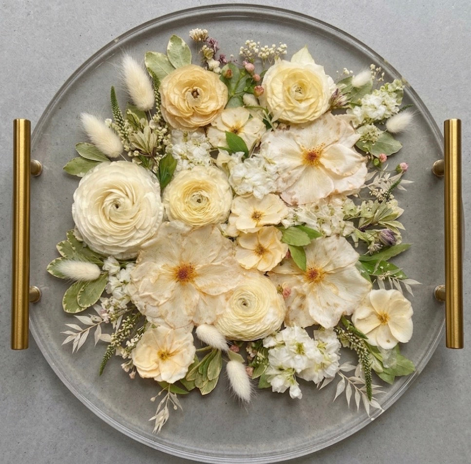 Overhead view of a custom handmade floral preservation keepsake tray by Said & Sealed Calgary, featuring professionally dried bridal blooms.