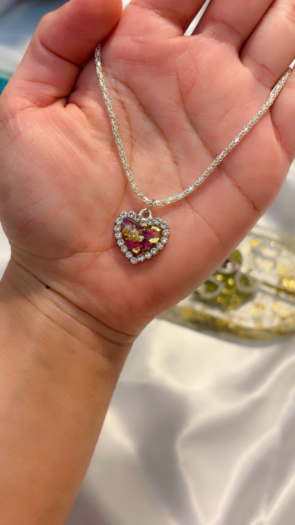 Real Rose Petal Heart Charm | Flower Preservation Resin Pendant | Rhinestone Heart Bracelet charm | jewelry