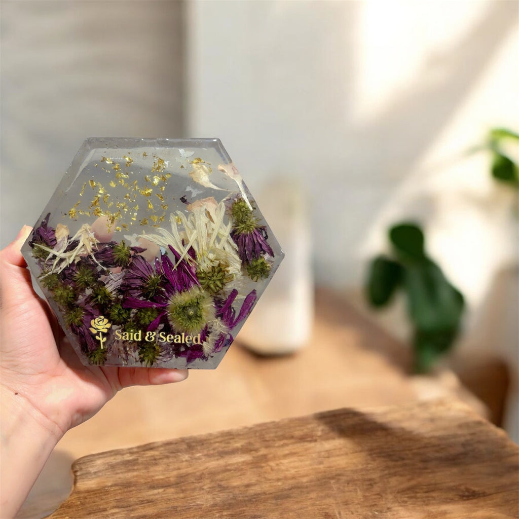 Handmade Hexagon Resin Flower Keepsake – Bouquet Preservation Art