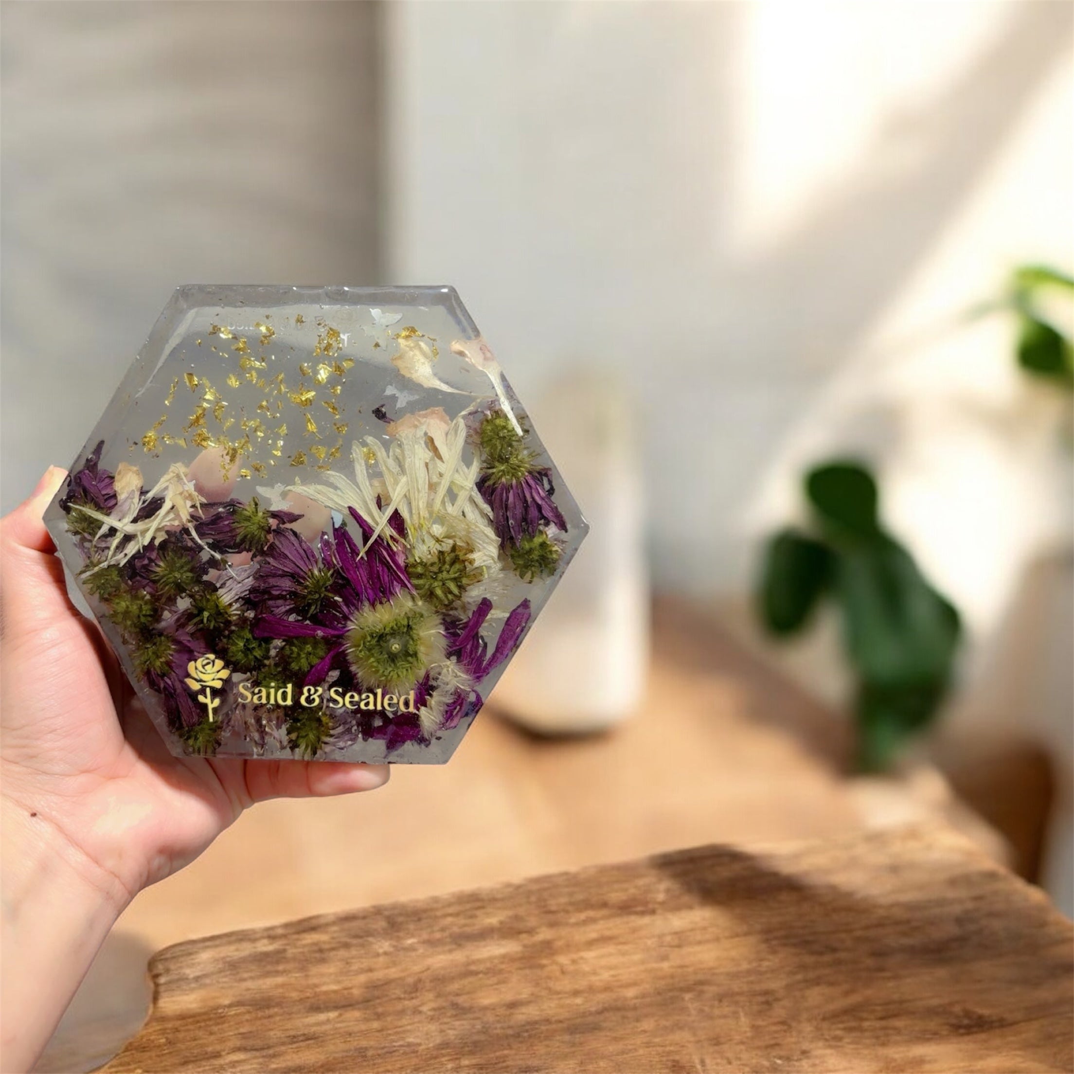 Handmade Hexagon Resin Flower Keepsake – Bouquet Preservation Art