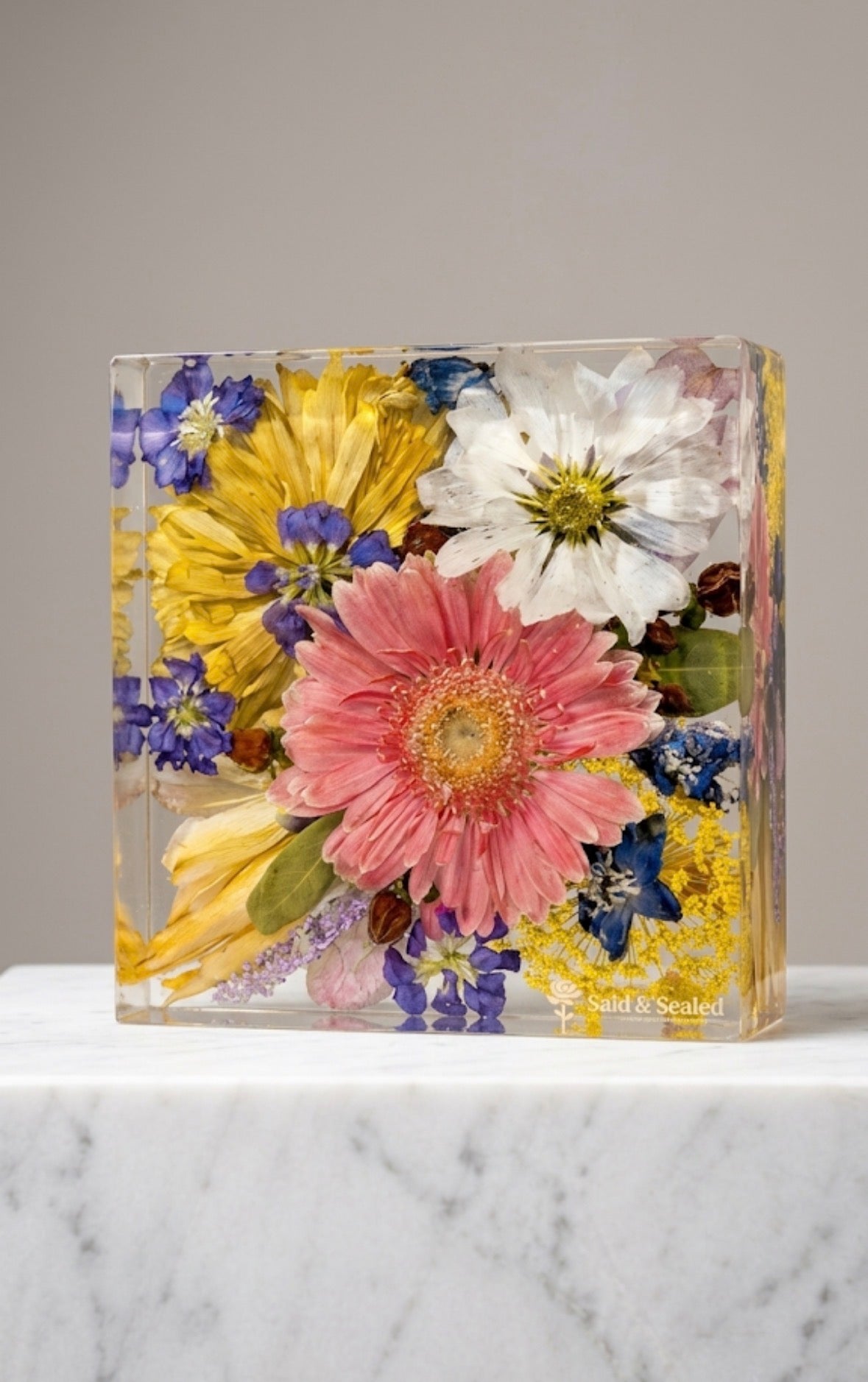 Custom Flower Preservation Resin Block – Real Preserved Flowers in Crystal Clear Keepsake for Wedding, Anniversary, Memorial