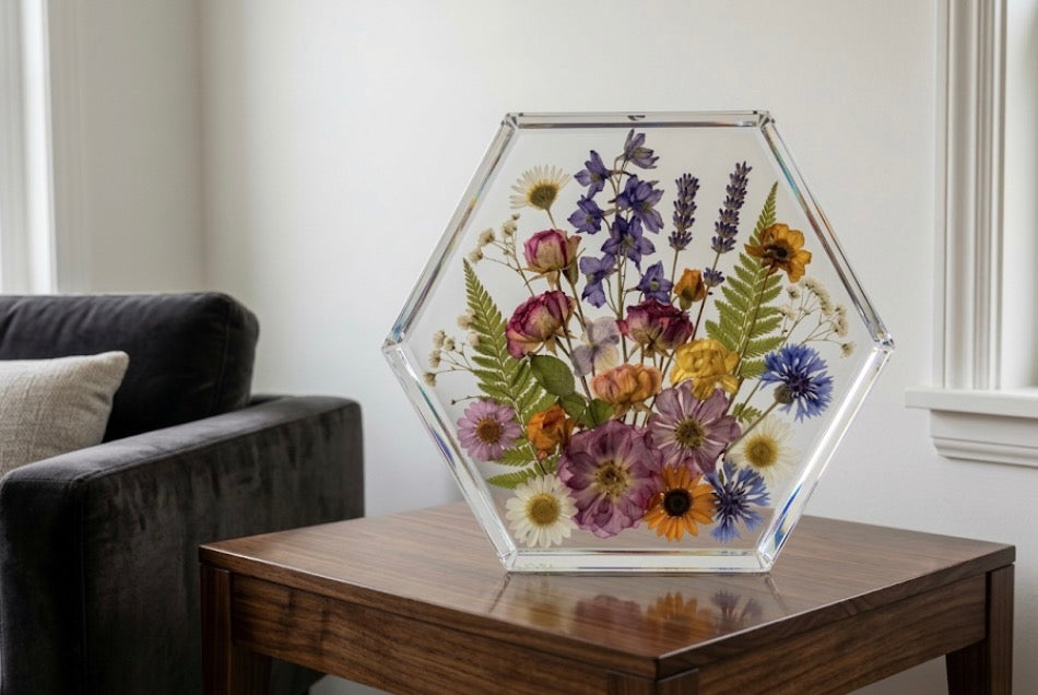 Memorial and funeral flower preservation keepsake in custom hexagon resin shape
