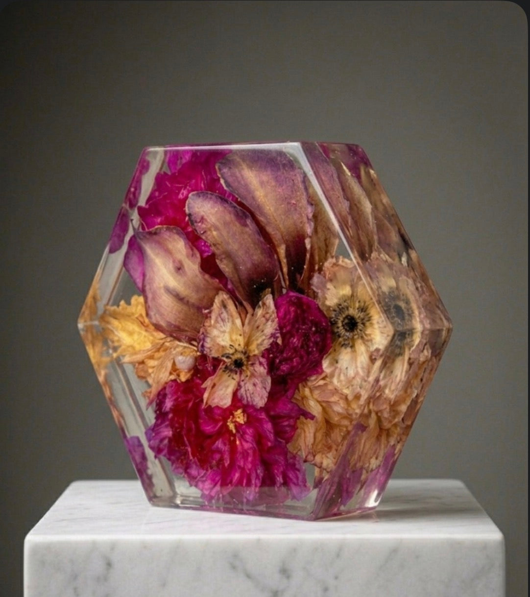 Custom wedding bridal bouquet preserved in clear geometric (hexagon) resin block
