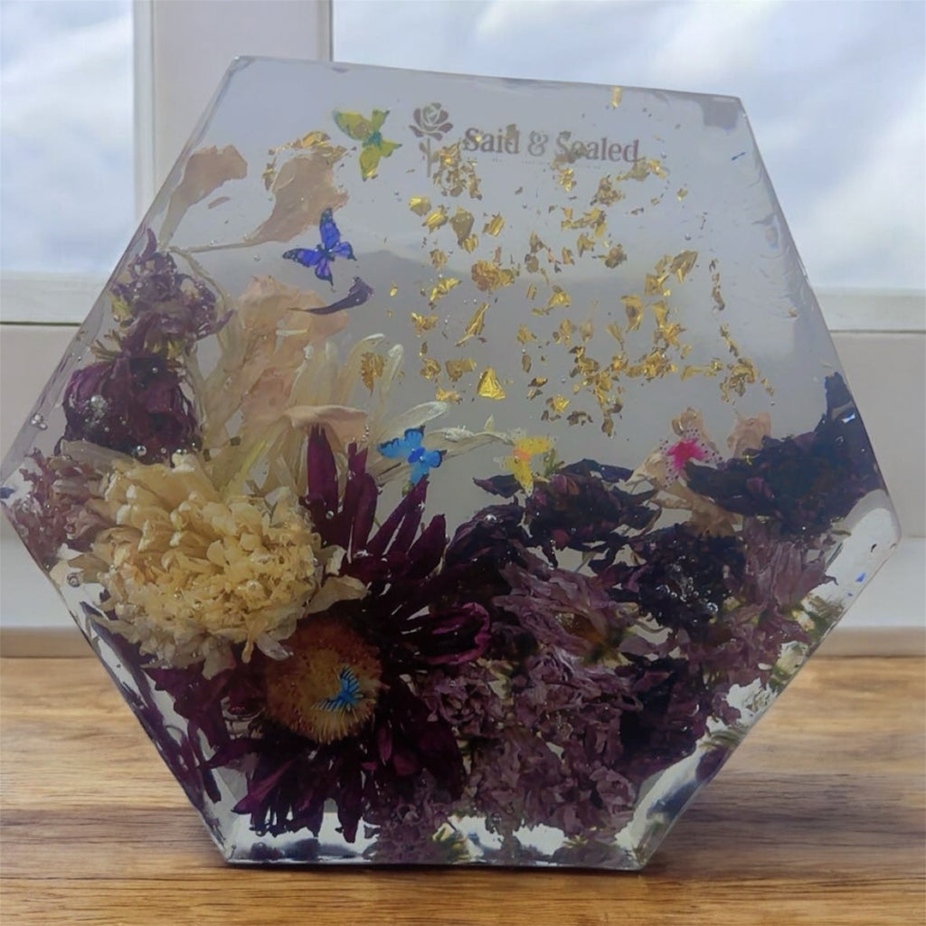 Handmade Hexagon Resin Flower Keepsake – Bouquet Preservation Art