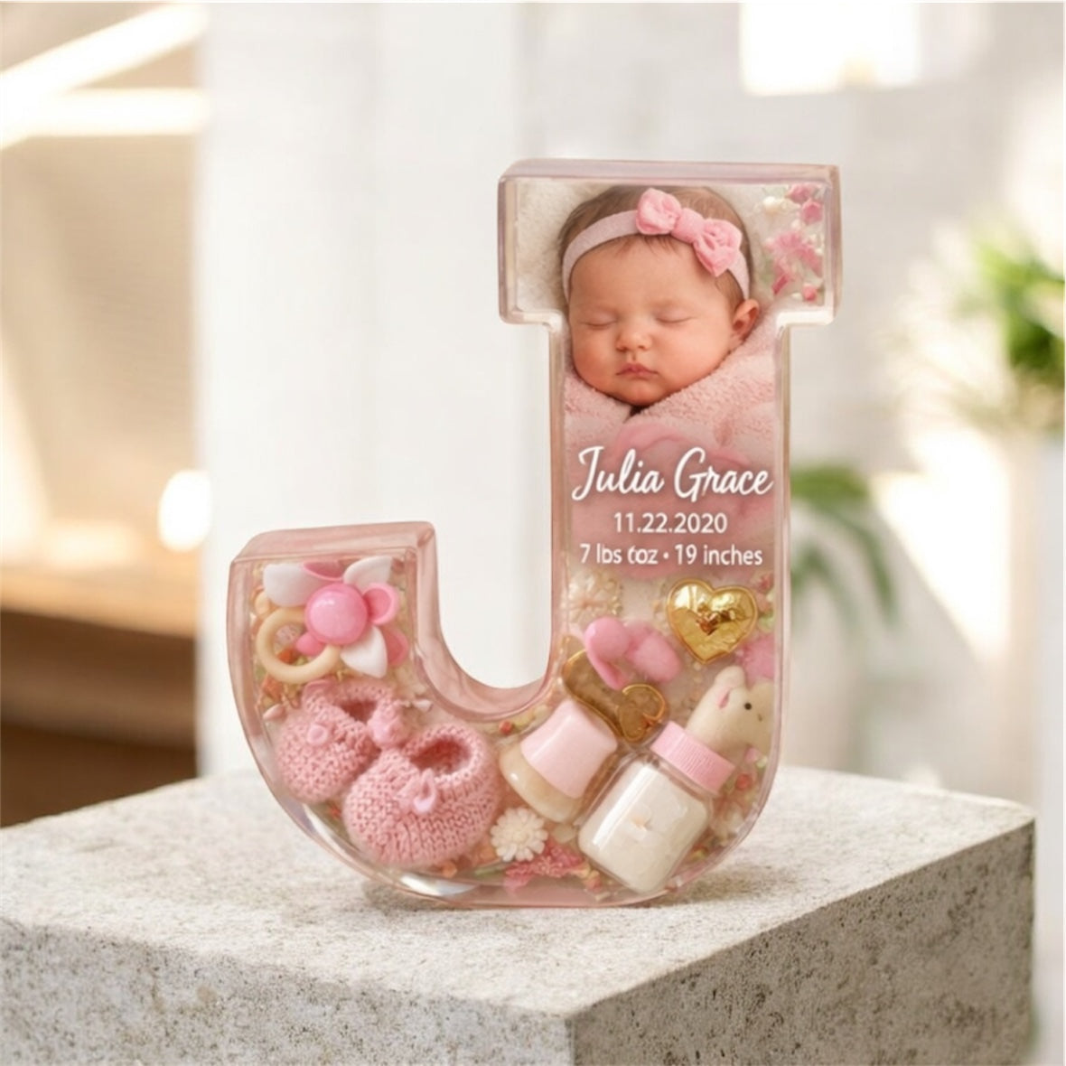 Personalized Resin Baby Name Letter with Birth Details – New Mom Keepsake