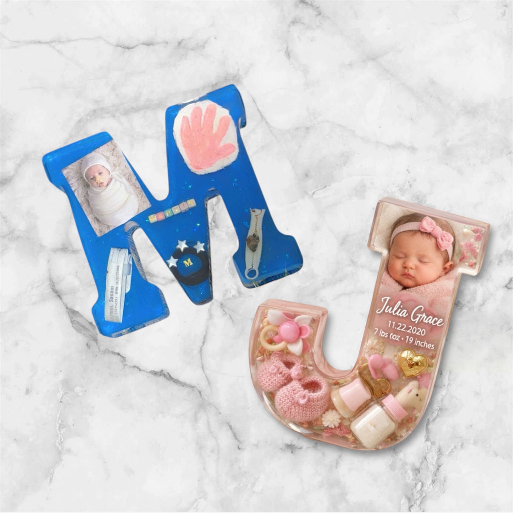 Personalized Resin Baby Name Letter with Birth Details – New Mom Keepsake