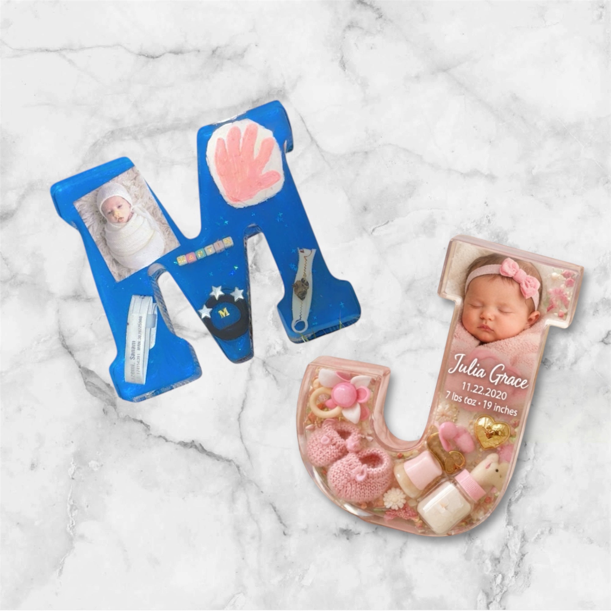 Personalized Resin Baby Name Letter with Birth Details – New Mom Keepsake