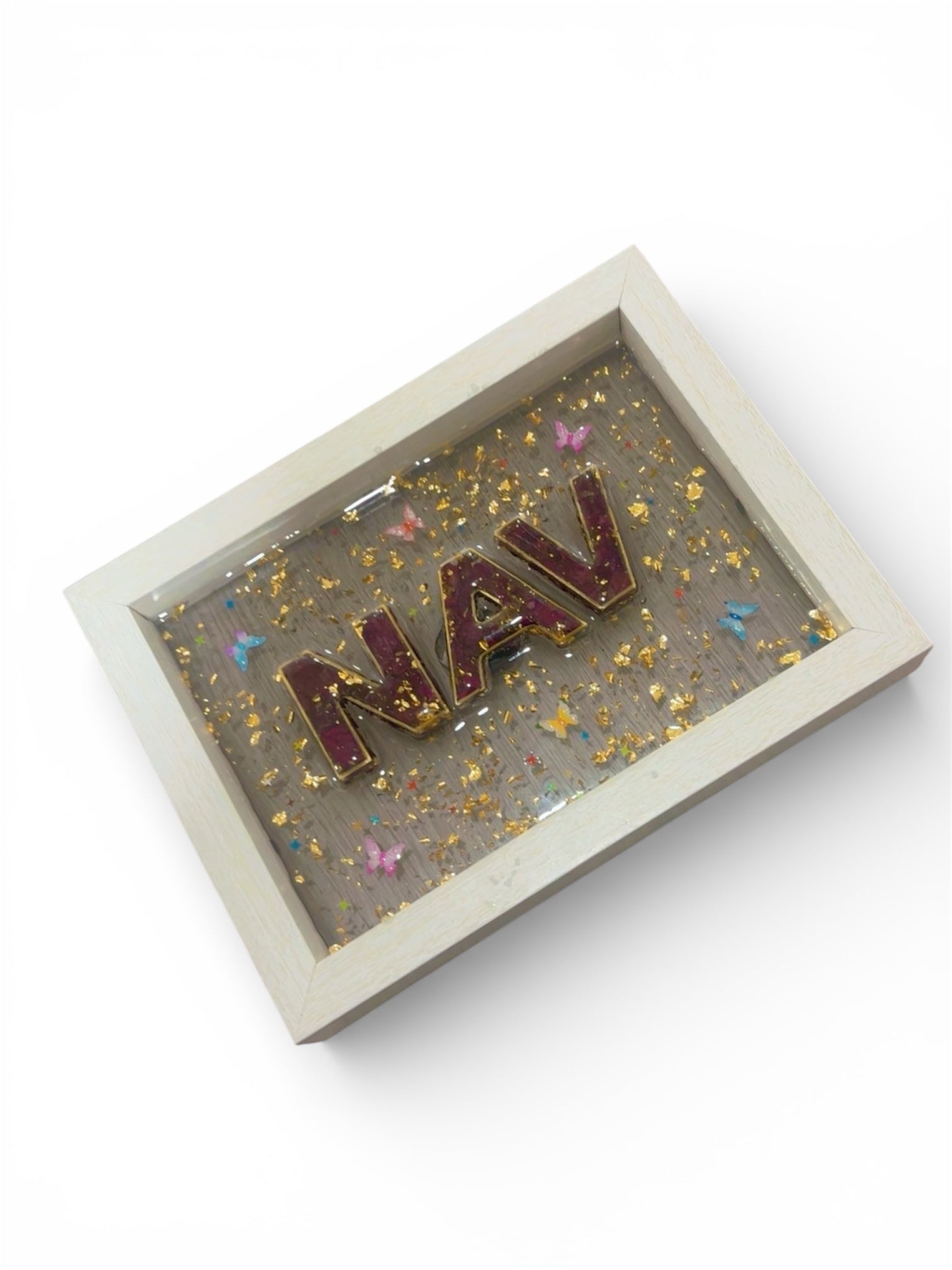 Custom Resin Name Frame with Gold Flakes – Personalized Handmade Name Art for Home Décor & Gifts