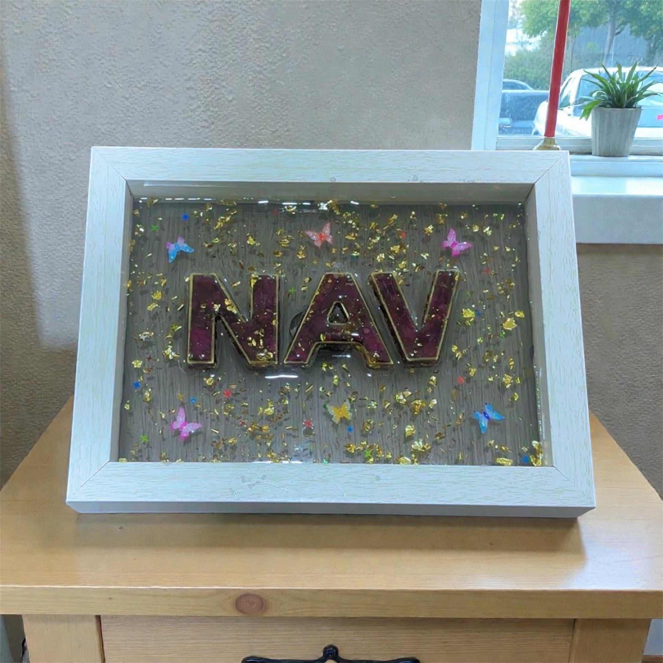 Custom Resin Name Frame with Gold Flakes – Personalized Handmade Name Art for Home Décor & Gifts