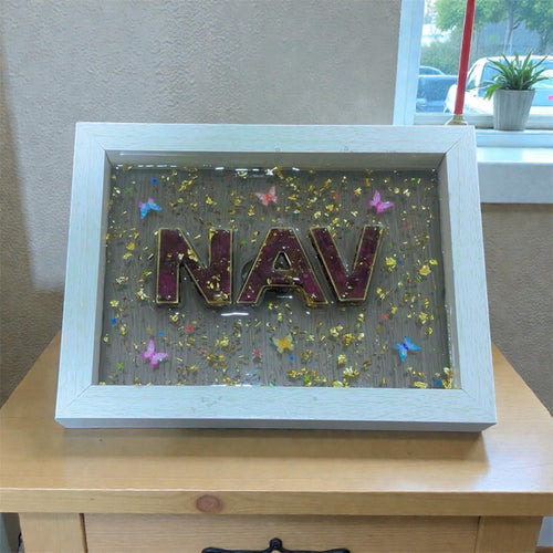 Custom Resin Name Frame with Gold Flakes – Personalized Handmade Name Art for Home Décor & Gifts
