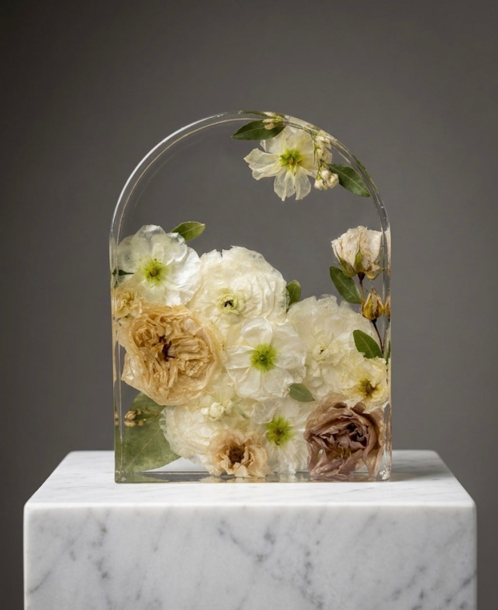 Large custom resin arch wedding bouquet preservation block by Said and Sealed Calgary
