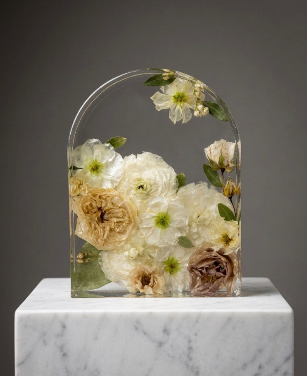 Large custom resin arch wedding bouquet preservation block by Said and Sealed Calgary

