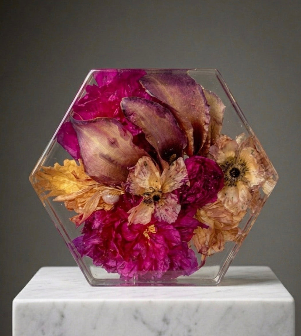 Hexagon resin flower preservation keepsake block by Said and Sealed Calgary
