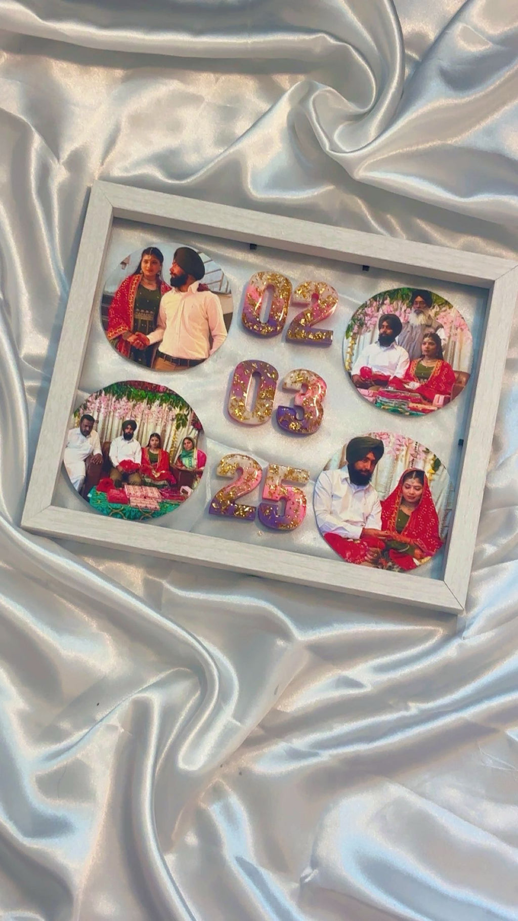 Custom resin photo frame with name, date, and preserved flowers