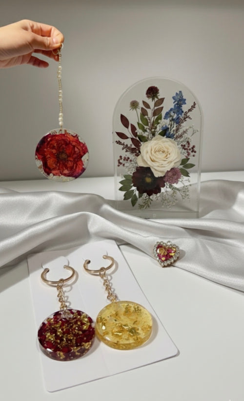 wedding bouquet preserved in resin arch frame 9x7 bridal keepsake, car mirror hanging charm , crushed petals keychains, rhinestones heart pendant.